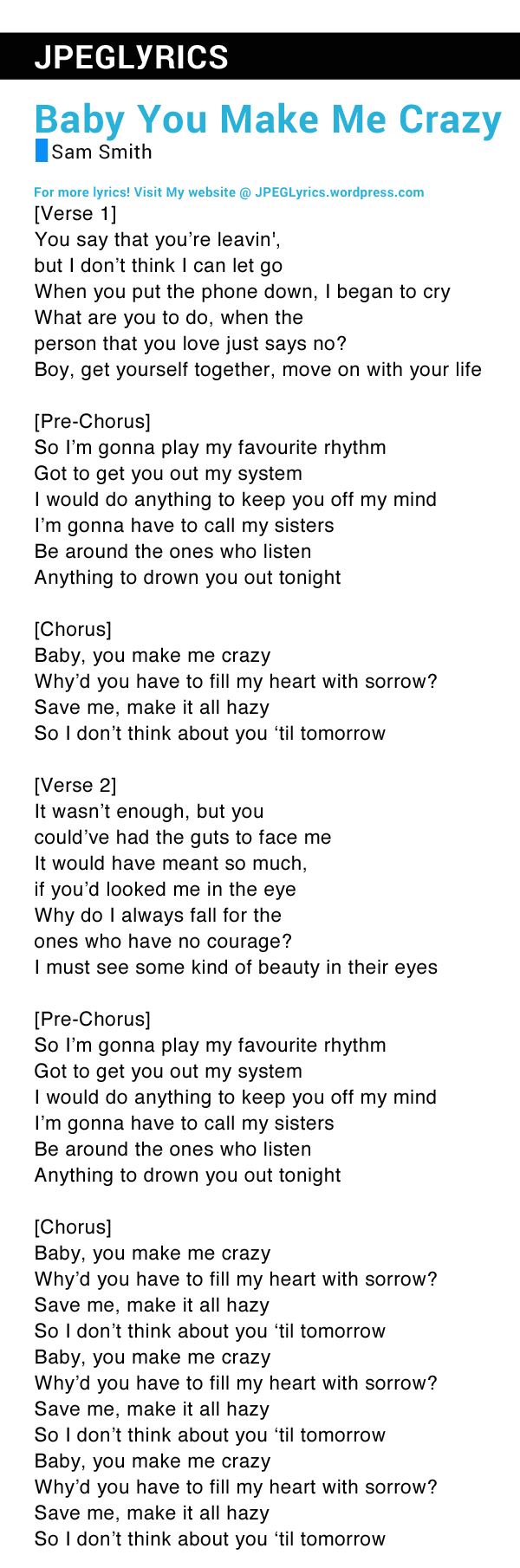 Baby, You Make Me Crazy By Sam Smith Lyrics | JPEG Lyrics