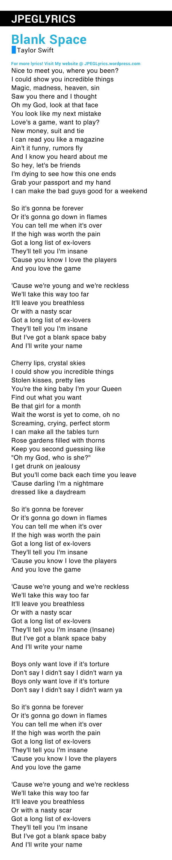 Taylor Swift – Blank Space Lyrics