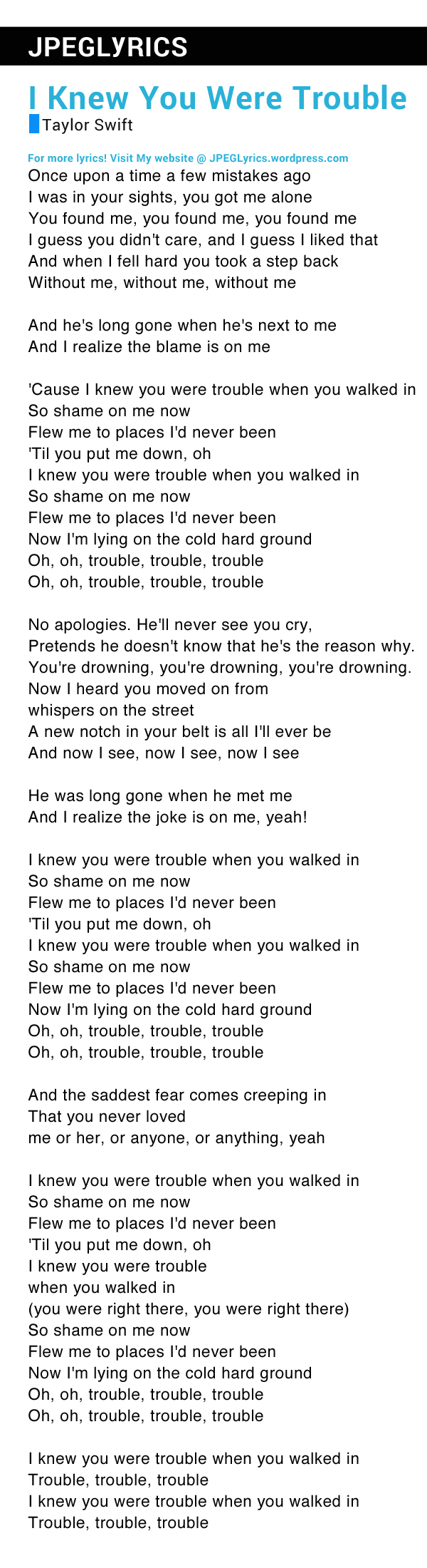I Knew You Were Trouble By Taylor Swift Lyrics