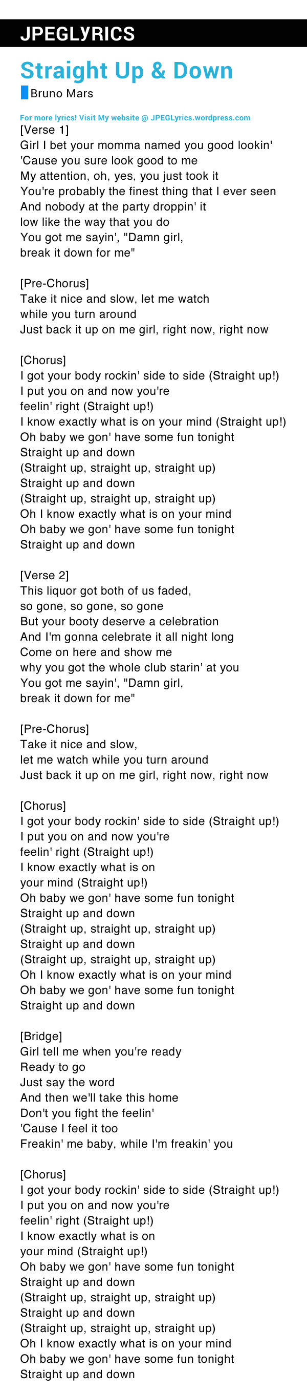 Straight Up Down By Bruno Mars Lyrics Jpeg Lyrics