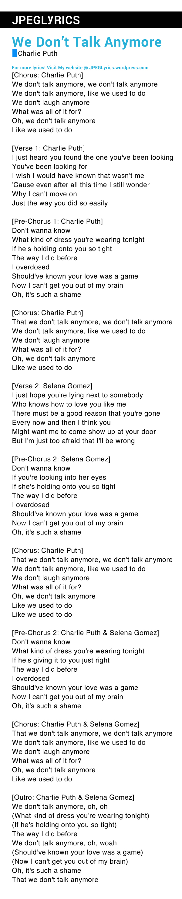 We Don T Talk Anymore By Charlie Puth Lyrics Jpeg Lyrics